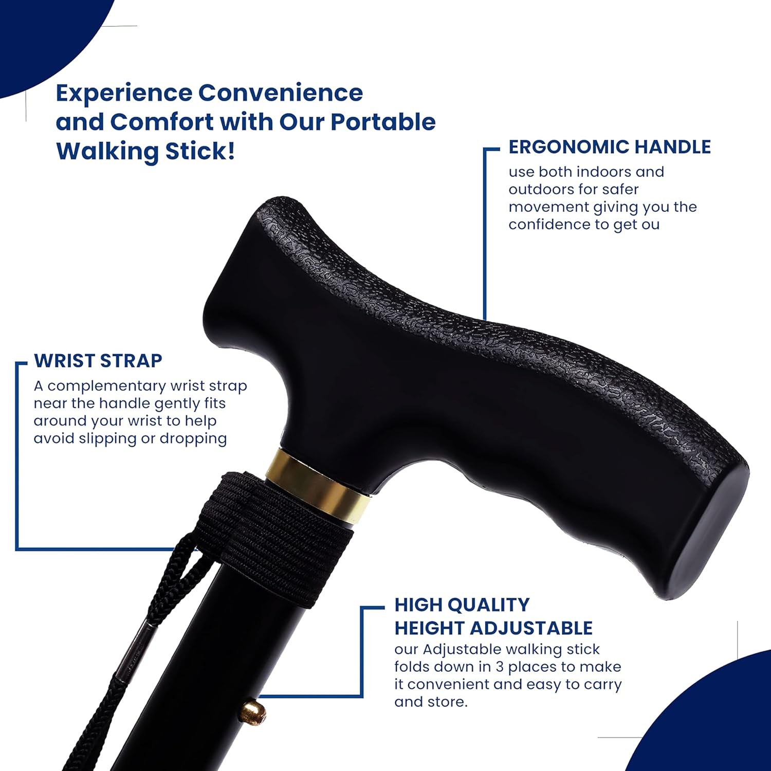 Compact Folding Cane for Adults – Lightweight Walking Stick, Adjustable Height, Black Finish