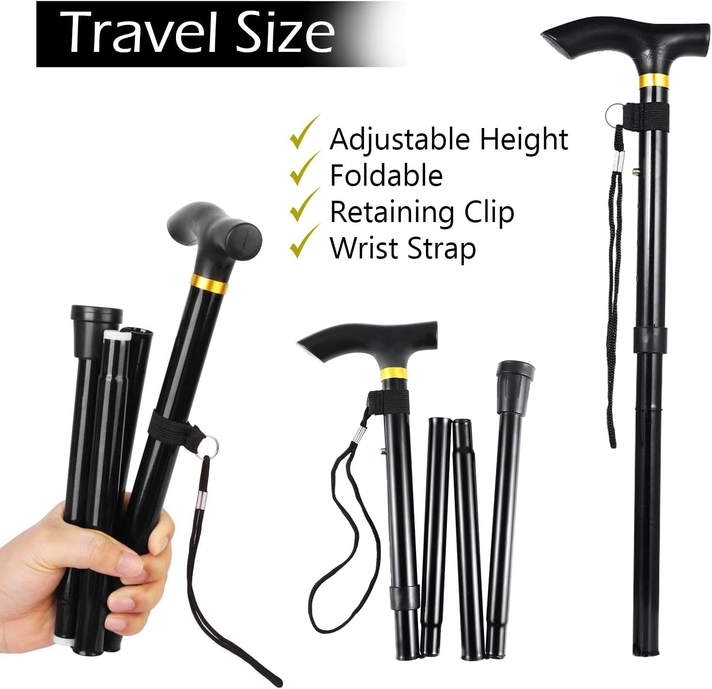 Compact Folding Cane for Adults – Lightweight Walking Stick, Adjustable Height, Black Finish