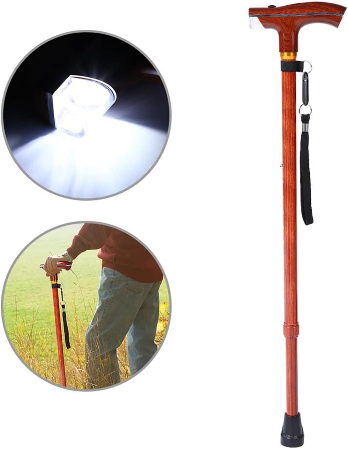 Telescopic Flashlight Cane - Rosewood Color, Multi-Function, Metal, Lightweight